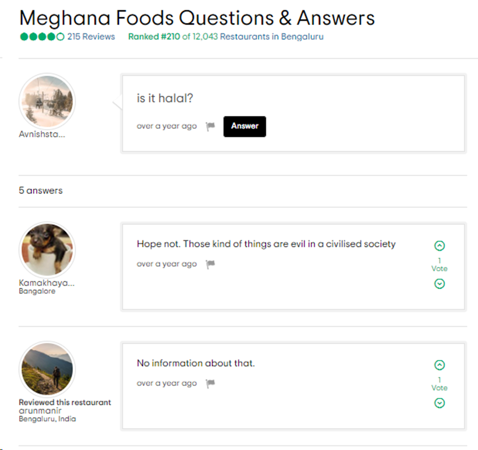 We found users on TripAdvisor asking about Meghana Foods' halal status